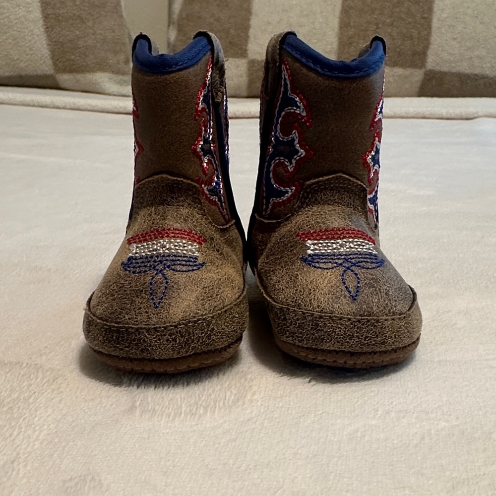 Twister Brown Kids Western Boots with Red & Blue Stitching